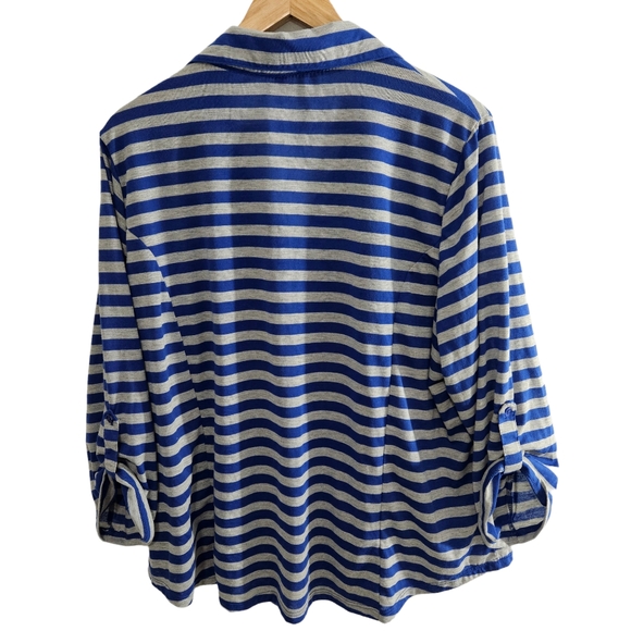 Bongo Women's Plus Stripe Nautical Coastal Roll Tab Button Up Shirt Top - Picture 2 of 13